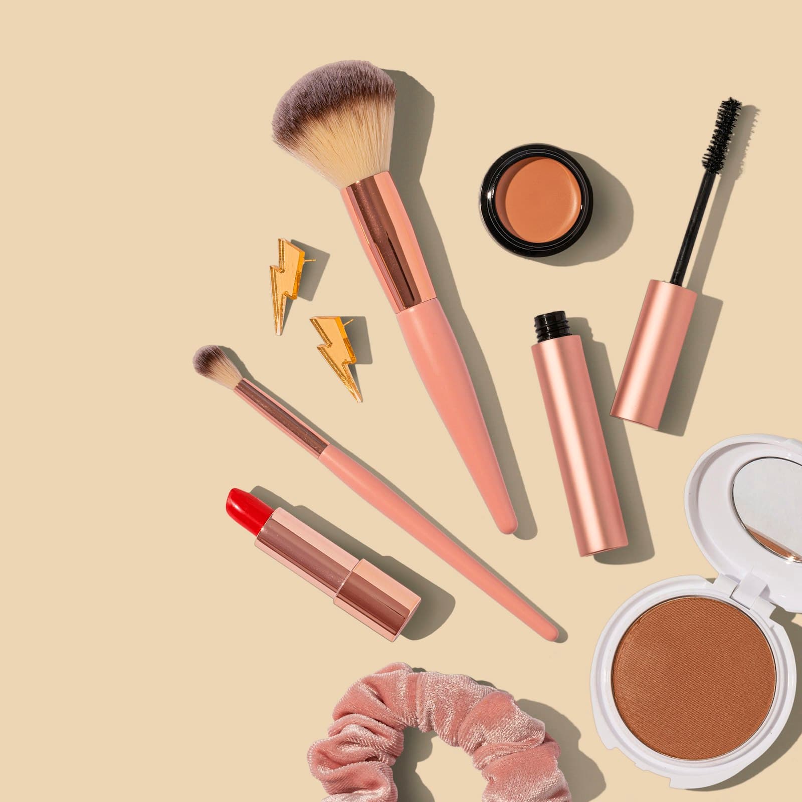 Makeup and beauty products flat lay
